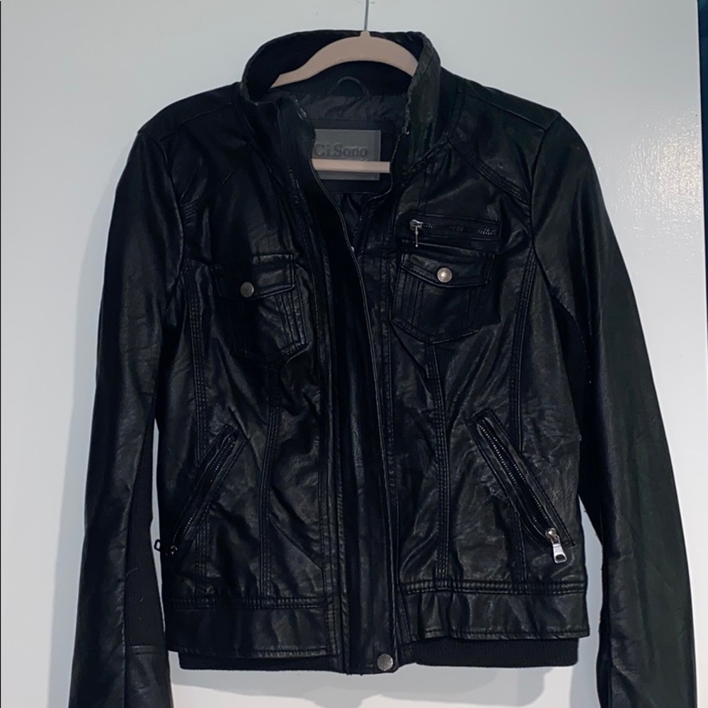 Black faux leather bomber jacket